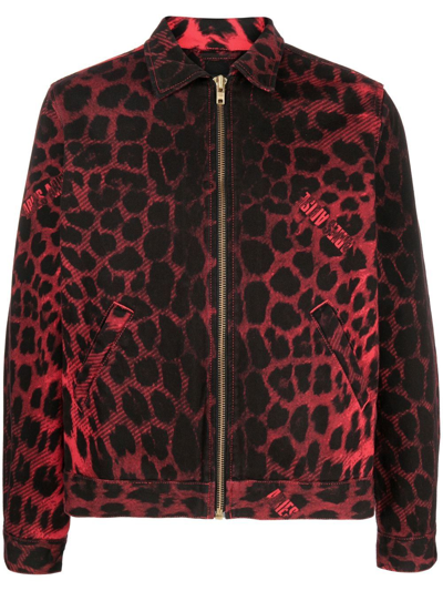 Aries Zipped Leopard-print Denim Jacket In Red