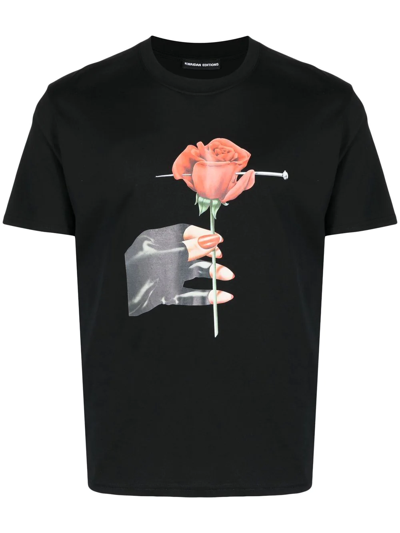 Kwaidan Editions Rose-print Round-neck Cotton-jersey T-shirt In Black