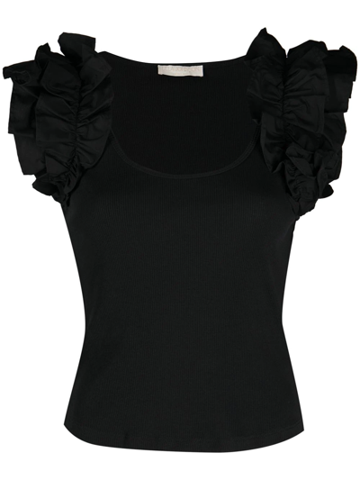 Ulla Johnson Koa Ruffled Poplin-trimmed Ribbed Cotton-jersey Top In Black