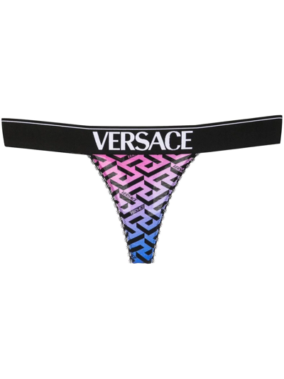 Versace Lace-trimmed Printed Stretch-cotton Jersey Thong In Multicolor