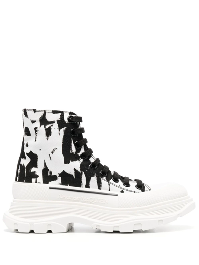Alexander Mcqueen Women's Tread Slick Graffiti Logo Ankle Boots In Blue White