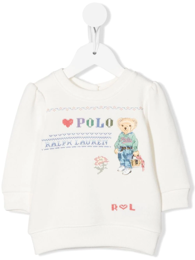 Ralph Lauren Kids' Polo Bear Logo-embroidered Sweatshirt In Bianco