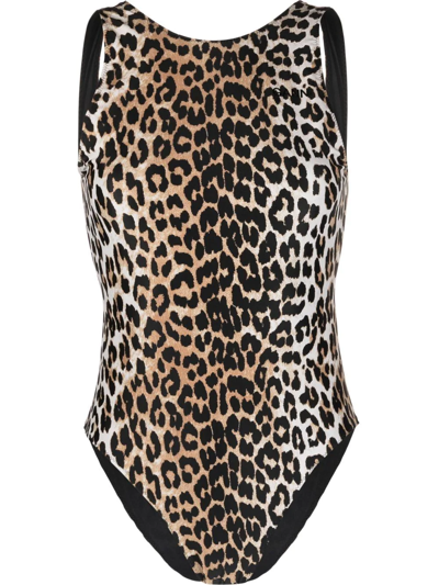 Ganni Leopard Print One-piece Swimsuit In Beige