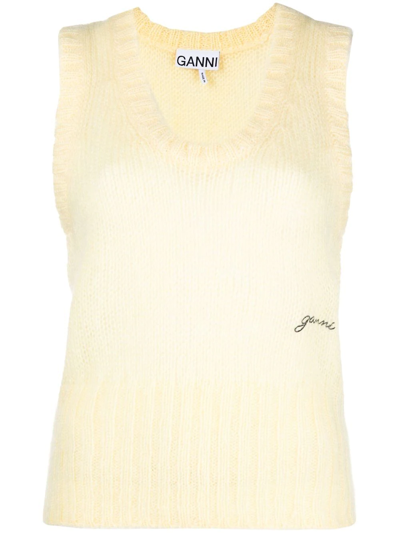 Ganni Knitted Mohair Blend Vest In Yellow