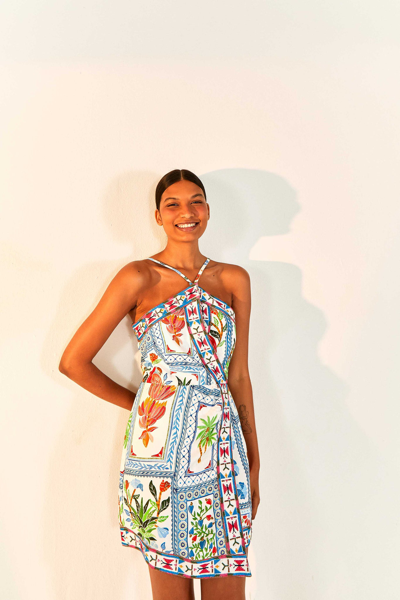 Farm Rio Tropical Tiles Embroidered Crepe Mini Dress In Multi