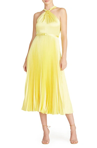 ml Monique Lhuillier Halter Neck Pleated Satin Cocktail Dress In Yellow