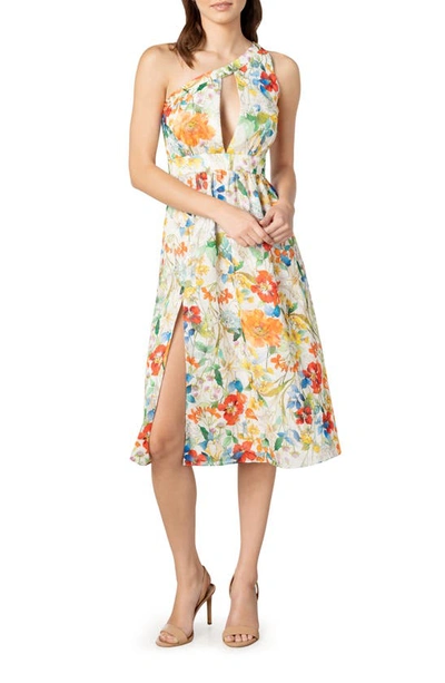 Dress The Population Mena Floral One-shoulder Fit & Flare Cocktail Dress In Yellow