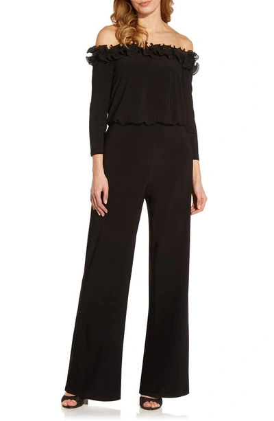 Adrianna Papell Plus Size Velvet Ruffled Off-the-shoulder Jumpsuit In Navy