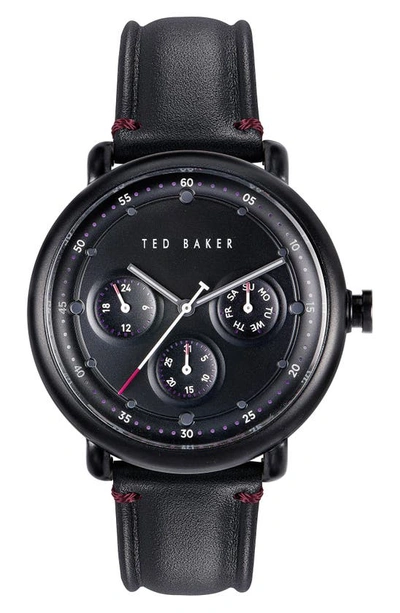 Ted Baker London Ivybird Multifunction Leather Strap Watch, 43mm In Black