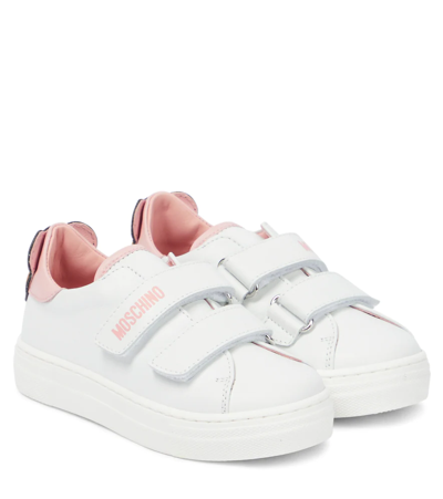 Moschino Kids' Leather Sneakers In White/pink