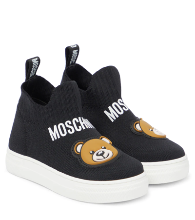 Moschino Kids' Teddy 贴花袜式运动鞋 In Black