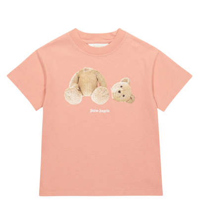 Palm Angels Kids' Pink T-shirt For Girl With Bear And White Logo In Pink Brown