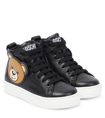 Moschino Kids' Leather Sneakers In Black