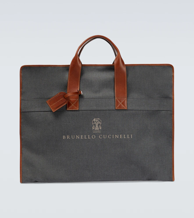 Brunello Cucinelli Leather-trimmed Logo-print Canvas Garment Bag In Medium_grey
