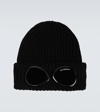C.p. Company Black Knit Beanie With Googles Detail On The Front In Black