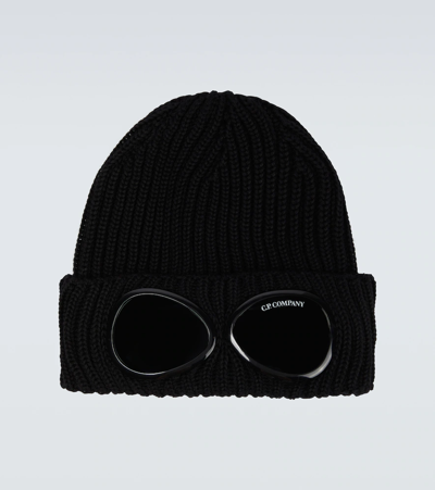 C.p. Company Men Blue Knit Beanie With Google Detail On The Front In Cotton Man In Black