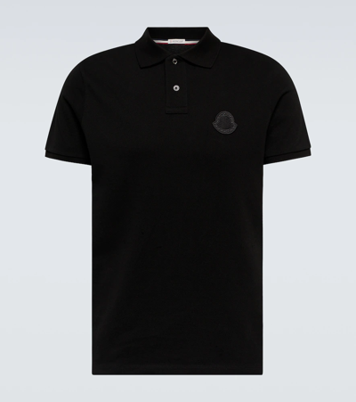 Moncler Logo Patch Black Polo Shirt In Blue