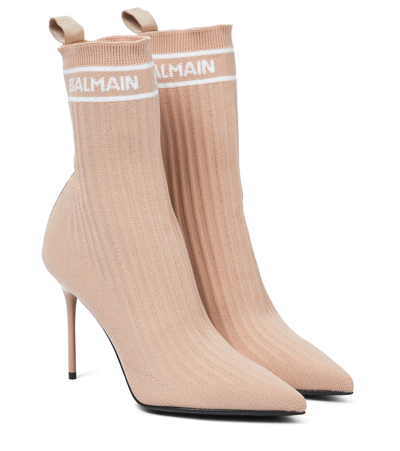 Balmain Skye Logo-jacquard Stretch-knit Sock Boots In Beige