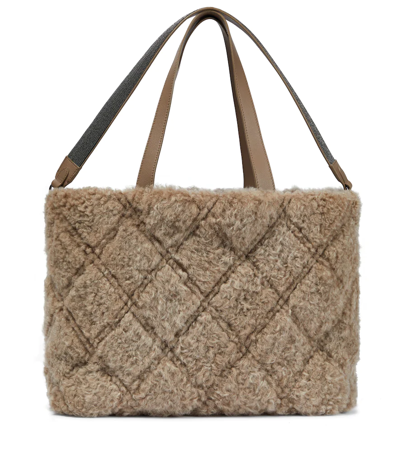 Brunello Cucinelli Monili Quilted Shearling Tote Bag In C7414 Taupe