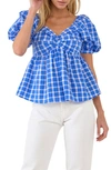 English Factory Twist Front Gingham Puff Sleeve Top In Blue