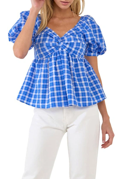 English Factory Twist Front Gingham Puff Sleeve Top In Blue