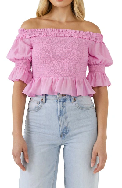 Endless Rose Off The Shoulder Smocked Crop Top In Pink