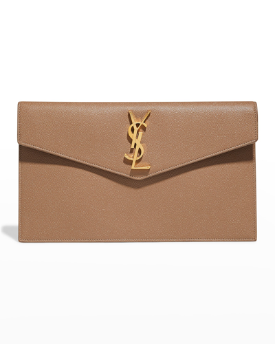 Saint Laurent Uptown Medium Ysl Monogram Grain De Poudre Pouch Bag In Taupe