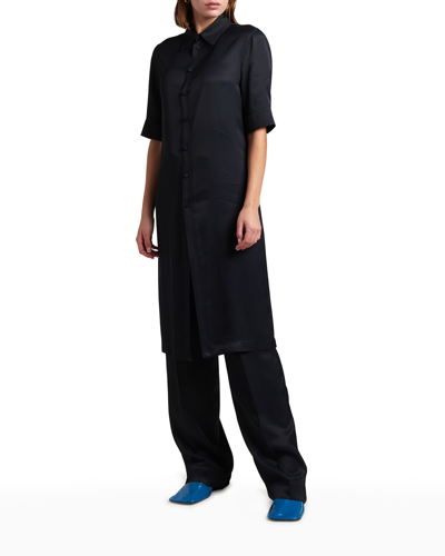 Jil Sander Short-sleeve Collared Matte Fluid Tunic Shirt In Dark Blue