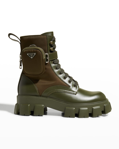 Prada Men's Re-nylon & Leather Zip Pocket Combat Boots In Militare