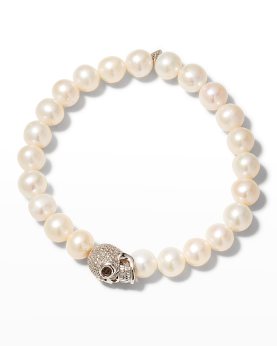Sydney Evan Men's Diamond Skull Freshwater Pearl Beaded Bracelet In Fresh Water Pearl