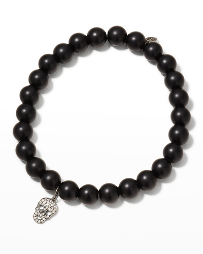 Sydney Evan Men's Diamond Skull Charm Onyx Beaded Bracelet In Matte Black Onyx