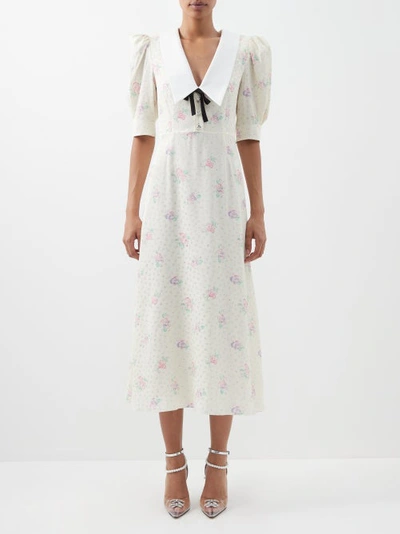 Alessandra Rich Dupioni-trimmed Floral-print Silk-jacquard Midi Dress In Cream