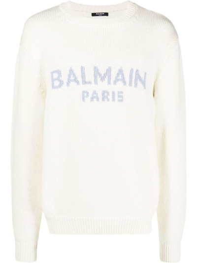 Balmain Logo Intarsia Wool Knit Sweater In Neutrals
