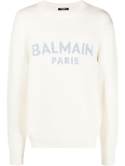 Balmain Logo Intarsia Wool Knit Jumper In Neutrals