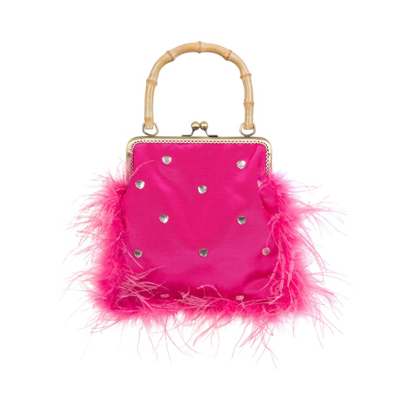 Natalie And Alanna Zsa Zsa Feather Trimmed Fuchsia Evening Bag With Bamboo Handle- Made To Order