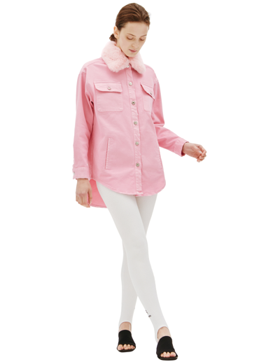 Blumarine Faux-fur Collar Denim Jacket In Pink