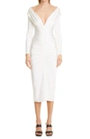 ET OCHS VIVIAN RUCHED LONG SLEEVE OFF THE SHOULDER MIDI DRESS