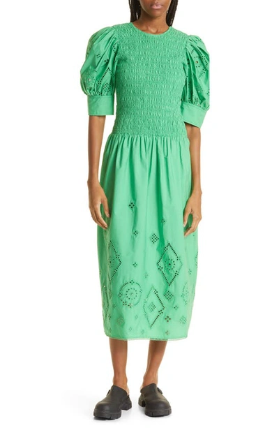Ganni Eyelet Detail Puff Sleeve Organic Cotton Midi Dress In Kelly Green