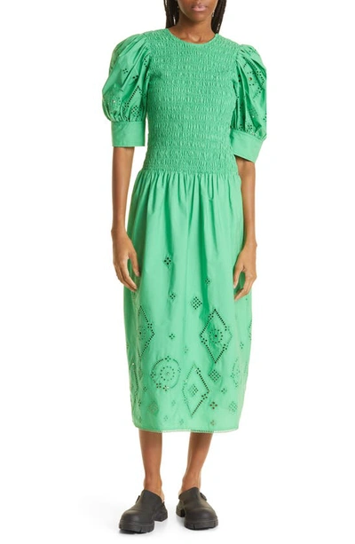 Ganni Eyelet Detail Puff Sleeve Organic Cotton Midi Dress In Green