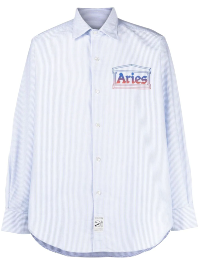 Aries Oxford Striped Logo-print Shirt In Blue