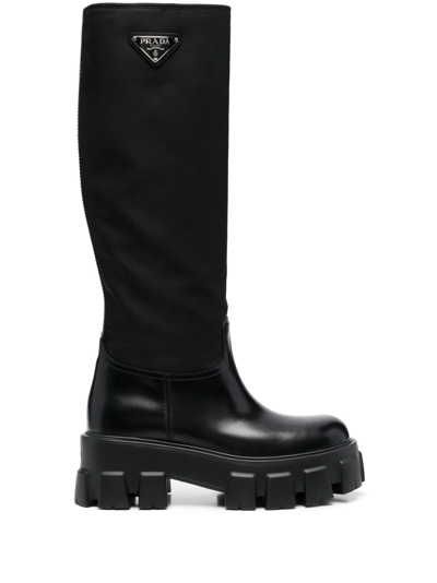 Prada Black Leather And Re-nylon Monolith High Boots