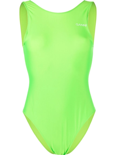 Ganni Brand-printed Recycled-polyamide-blend Swimsuit In Lime Popsicle