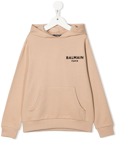 Balmain Logo-embroidered Hoodie In Brown
