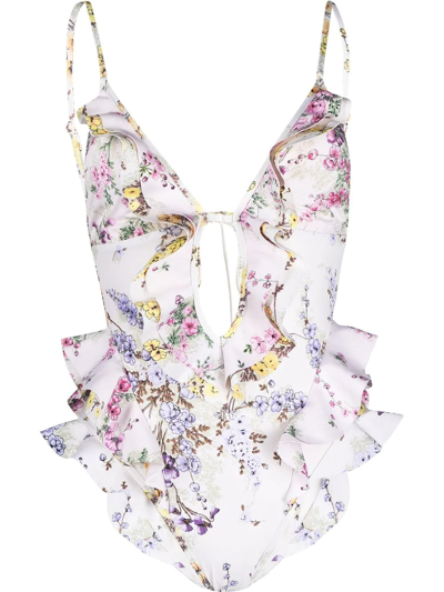 Zimmermann Jude Waterfall Ruffled Floral-print Swimsuit In Multicoloured