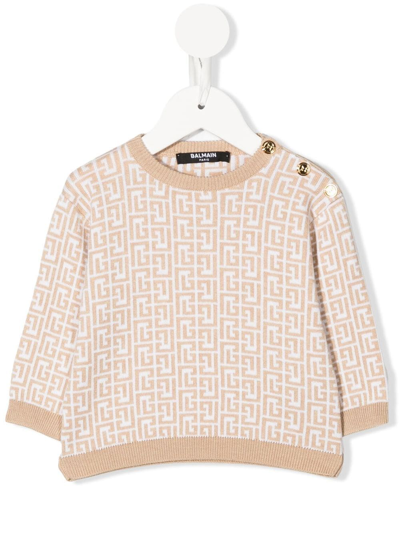 Balmain Baby Pullover In Beige And White Knit With All-over Monogram