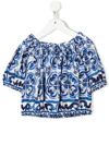 Dolce & Gabbana Majolica Print Cotton Poplin Crop Top In Blau
