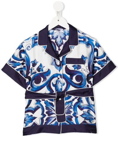Dolce & Gabbana Kids' Majolica-print Belted Shirt In Blau