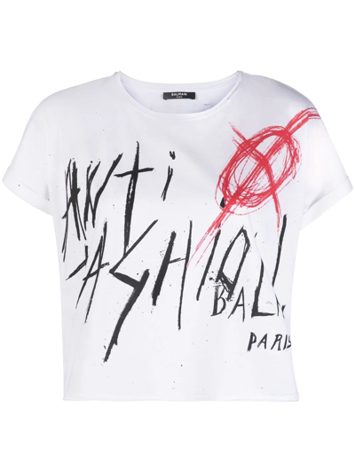 Balmain Slogan-print Cropped T-shirt In New