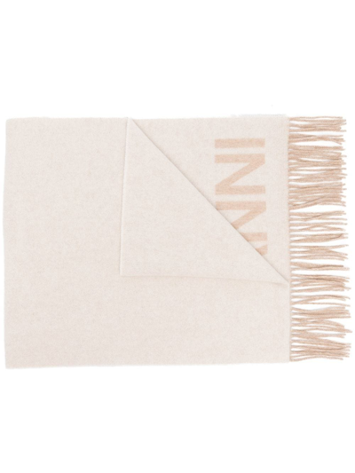Ganni Logo-print Tassel-trim Scarf In Burgundy