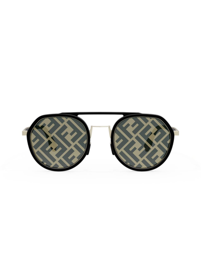 Fendi Ff Logo Print 51mm Round Sunglasses In Black
